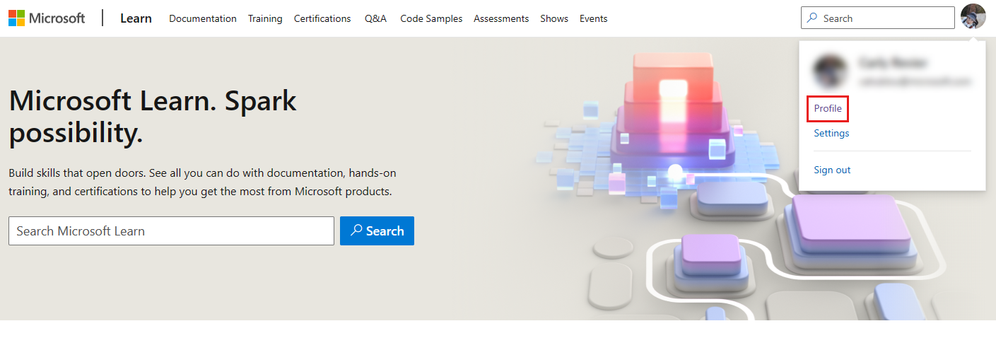 プロファイルドロップダウン メニューが表示されている Microsoft Learn ホーム ページのスクリーンショット。